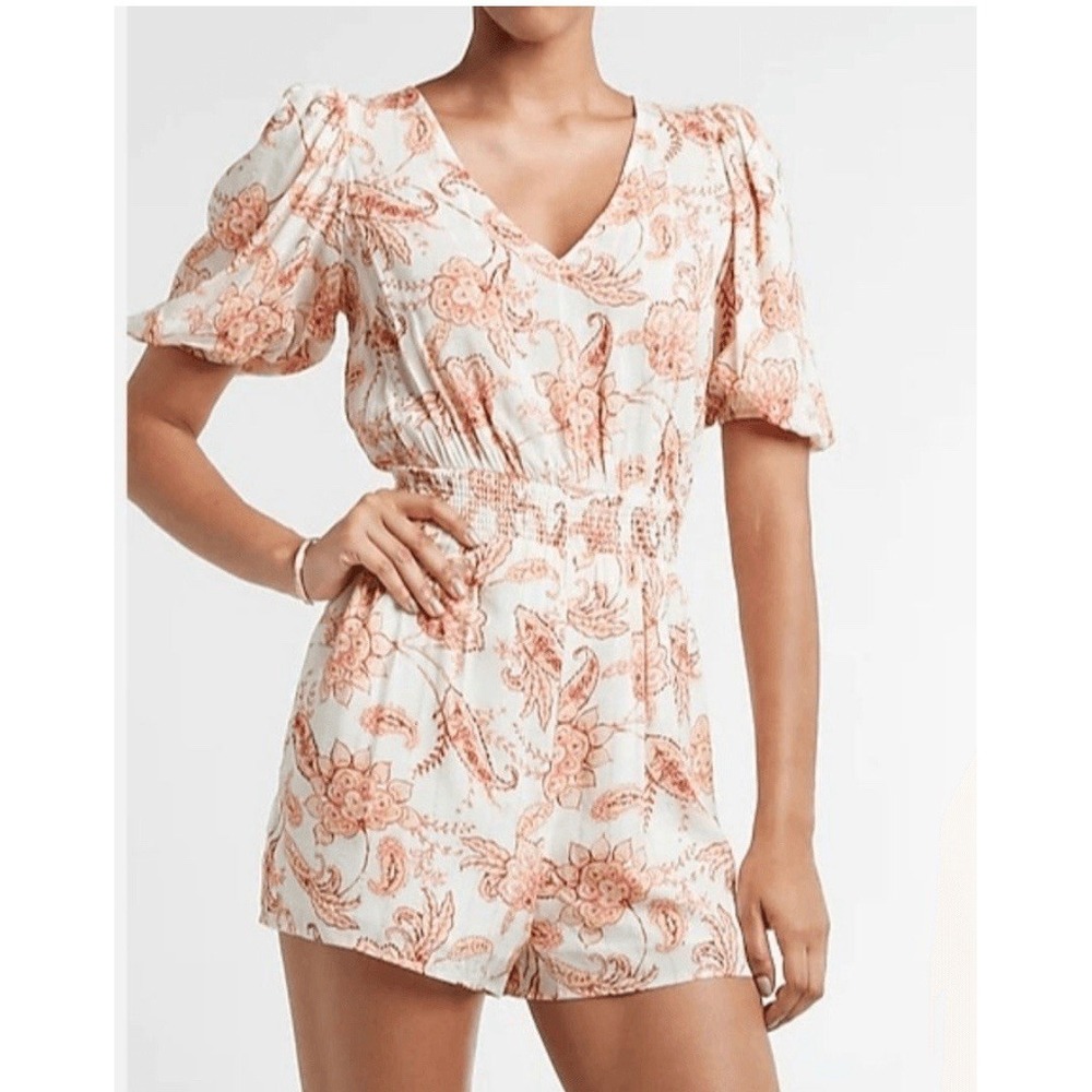 Express Womens Rayon V-Neck Puff Sleeve Short Romper Floral‎ New Sz-Lg